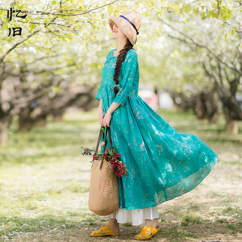 苎麻印花连衣裙女早春绿色长裙