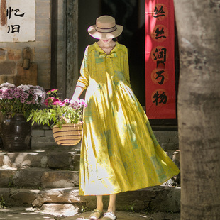2023年新款 宽松苎麻印花长裙黄色女装 气质连衣裙长袖 忆旧夏季 裙子