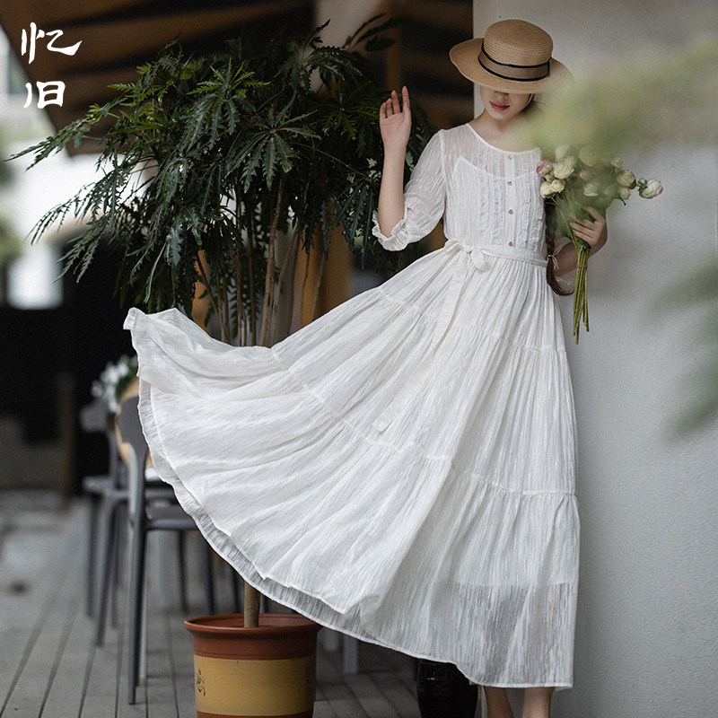 忆旧【人间烟火】白色连衣裙女夏季2025雪纺提花拼接长裙宽松裙子,女装/女士精品,连衣裙,淘宝优惠券,粉丝福利购,淘宝优惠卷