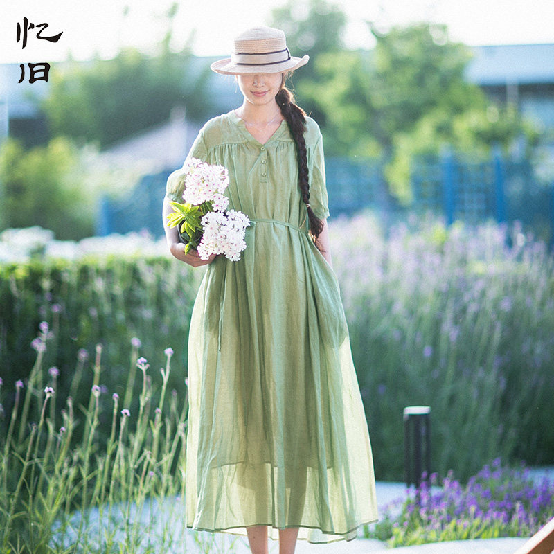 忆旧绿色苎麻连衣裙女夏宽松长裙
