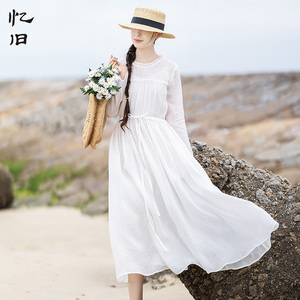 D【5折】秋装白色连衣裙女长袖新款拼接苎麻长裙气质绣花裙子早秋