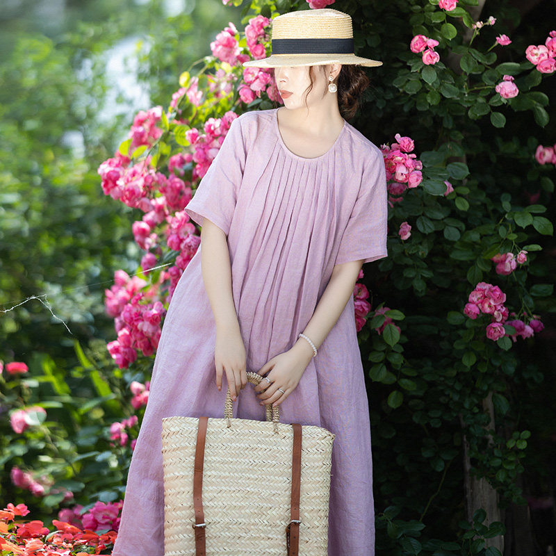 5折【水椿】复古圆领压褶大摆连衣裙女夏季宽松裙色织亚麻紫裙子,女装/女士精品,连衣裙,淘宝优惠券,粉丝福利购,淘宝优惠卷