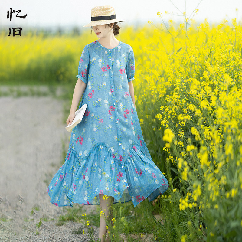 5折【一梦安恬】复古苎麻印花开衫式连衣裙女夏季飘逸荷叶边长裙,女装/女士精品,连衣裙,淘宝优惠券,粉丝福利购,淘宝优惠卷