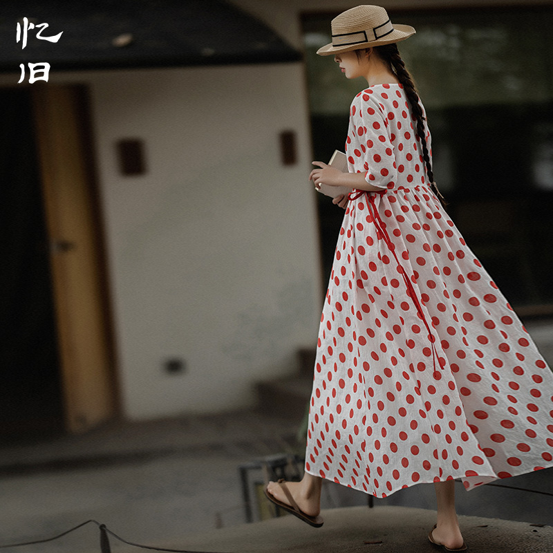 忆旧【岁月如歌】红色波点连衣裙女2023新款夏季亚麻长裙薄款裙子-封面