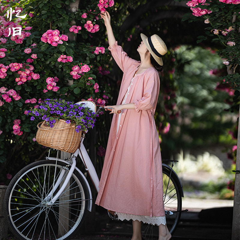 【午后香氛】原创粉色连衣裙长裙女夏季荷叶袖开衫长款圆领碎褶裙