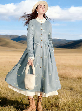 清【和光山语】原创蓝色刺绣风衣女冬季长款仿赖兔毛加绒保暖外套