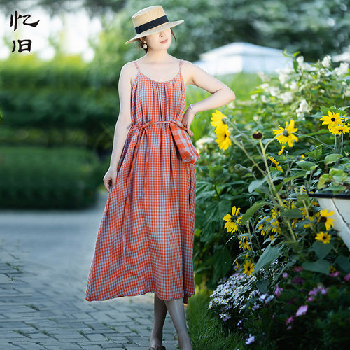 方格子吊带连衣裙女夏季新款长裙