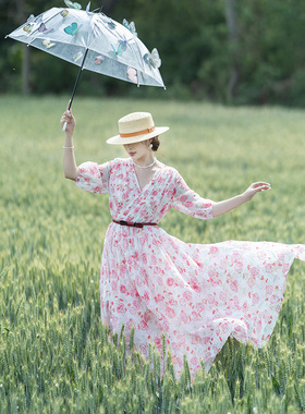 【浅夏】交领印花连衣裙女夏季泡泡格雪纺不规则裙气质浪漫粉色裙
