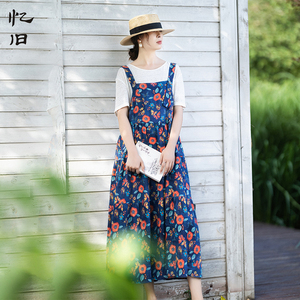 7折【花影藏夏】文艺复古吊带连衣裙女夏季亚麻印花宽松背带裙子