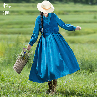 衬衣领拼接假两件连衣裙女2025秋季 修身 复古设计感蓝裙 一叶舟