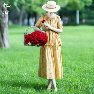 苎麻飘逸圆领蛋糕裙 文艺假两件印花连衣裙女夏季 现货 情诗落笺