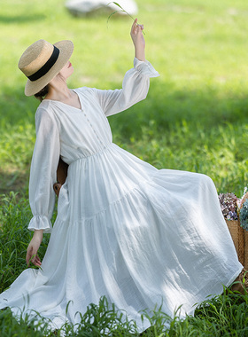 【云淡秋空】高腰长袖连衣裙女2025春季新款白色修身减龄大摆长裙