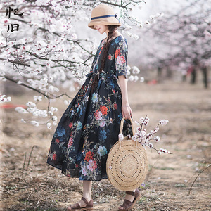 【感恩回馈七折购】忆旧2021夏圆领短袖苎麻女印花连衣裙宽松长裙