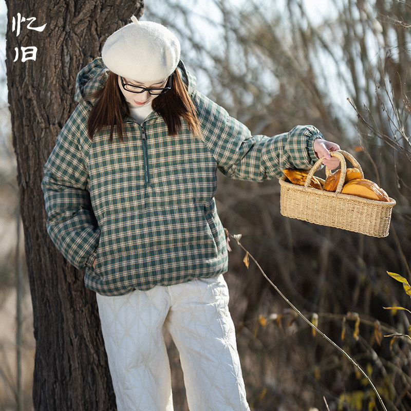 忆旧文艺连帽格纹羽绒服加厚短款