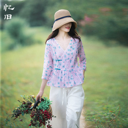 忆旧复古苎麻印花小开衫上衣女夏2023新款文艺碎花衬衫防晒衣女装