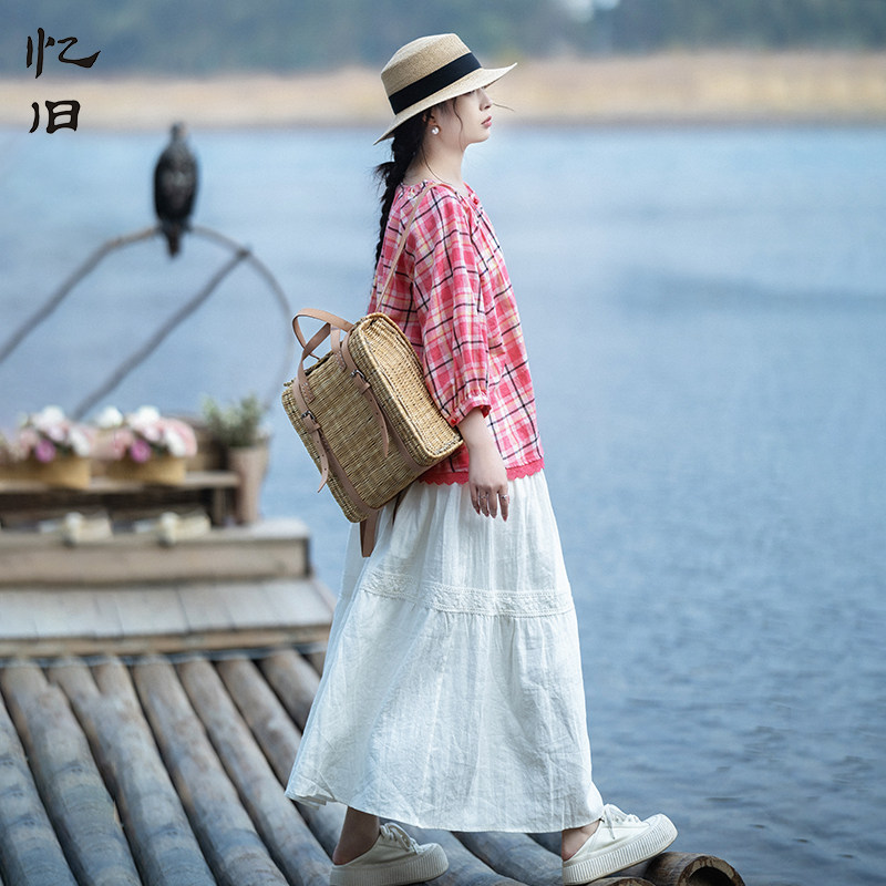 浪漫方格子开衫亚麻白色半裙女春