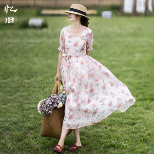5折【粉樱雾海】方领印花连衣裙女夏季薄款系带长裙雪纺减龄裙子