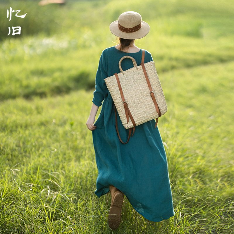 圆领宽松连衣裙女春季亚麻绿裙子