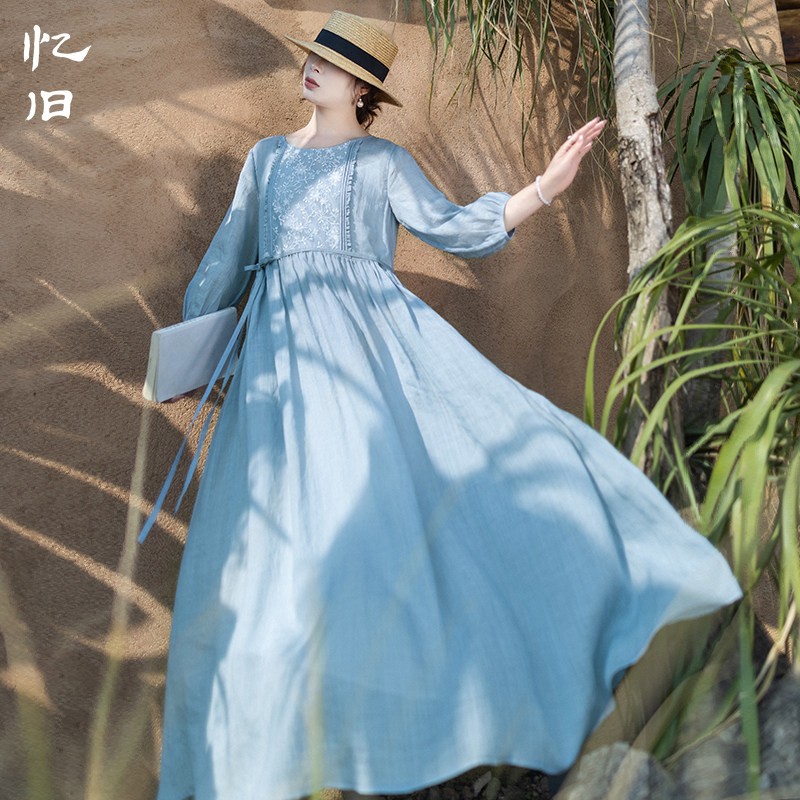 5折【蓝白旧事】夏季蕾丝拼接连衣裙女宽松苎麻长裙蓝色收腰裙子,女装/女士精品,连衣裙,淘宝优惠券,粉丝福利购,淘宝优惠卷