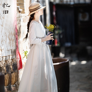 6折【梨白天青】白色连衣裙女春夏气质纯棉长裙宽松收腰褶皱裙子
