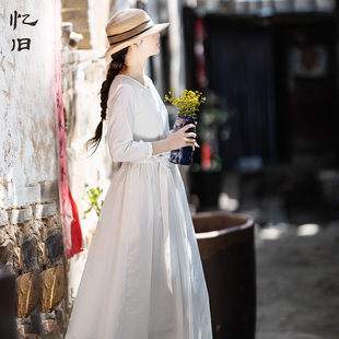 6折 白色连衣裙女春夏气质纯棉长裙宽松收腰褶皱裙子 梨白天青