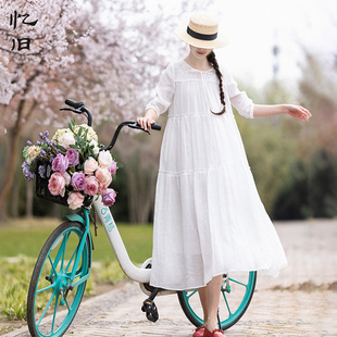 女春夏新款 蕾丝拼接苎麻连衣裙长袖 白色长裙宽松显瘦裙子 5折