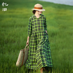 连帽长袖连衣裙女春季绿格子长裙