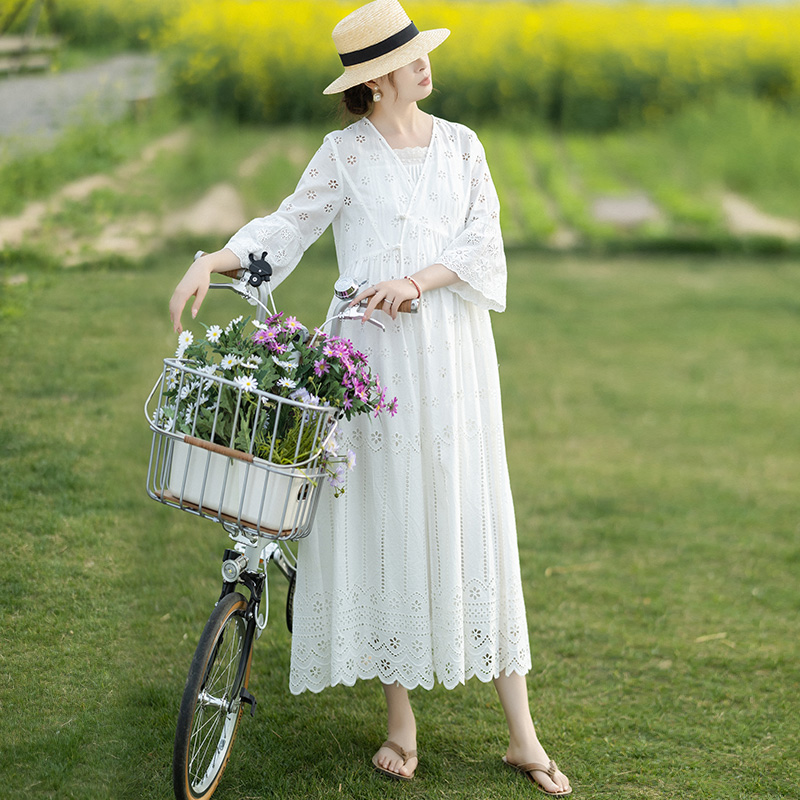 复古纯棉风衣式连衣裙女夏白色裙
