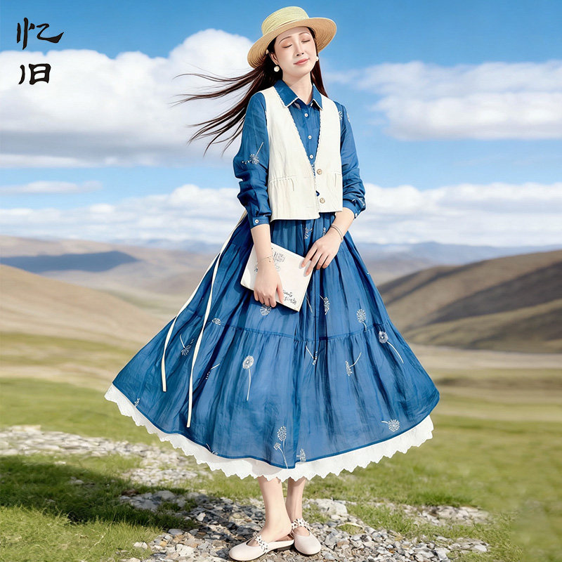 文艺衬衫领苎麻印花连衣裙女春季