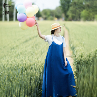 裙女2025夏双肩带亚麻长裙 文艺吊带连衣裙蓝色无袖 清 时夏有风