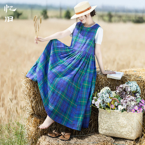 前后两穿亚麻背心裙女夏季格纹裙