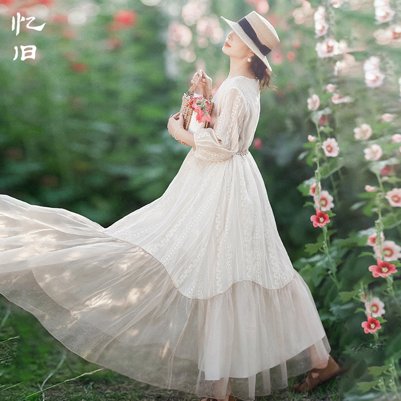 圆领连衣裙女2025夏季拼接中长裙