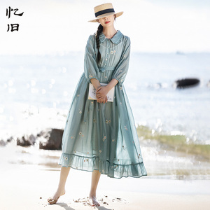 D现货【芳黛】天丝绣花连衣裙女春季2026新款文艺翻领长裙气质裙