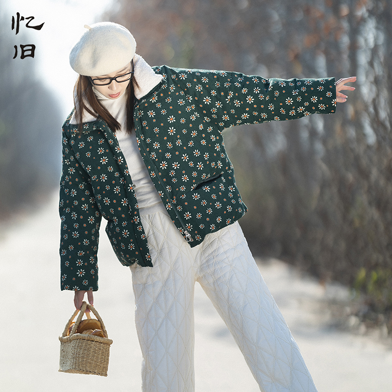 复古灯芯绒印花羽绒服女冬季外套