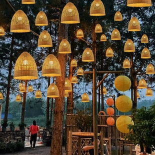 中式禅意竹编吊灯户外庭院竹编灯笼餐厅民宿装饰防水景观挂树灯具