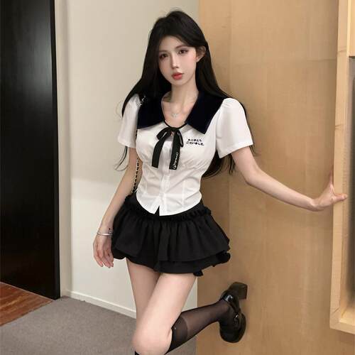 夏季jk制服学院风撞色娃娃领衬衫