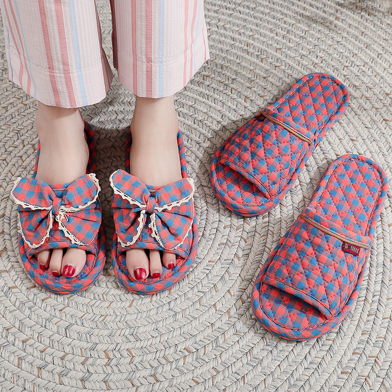 布艺拖鞋无声防滑软底蝴蝶结室内