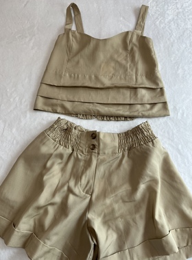 欧单尾货re 女生夏季 卡其/橙色纯色亚麻混纺 吊带背心