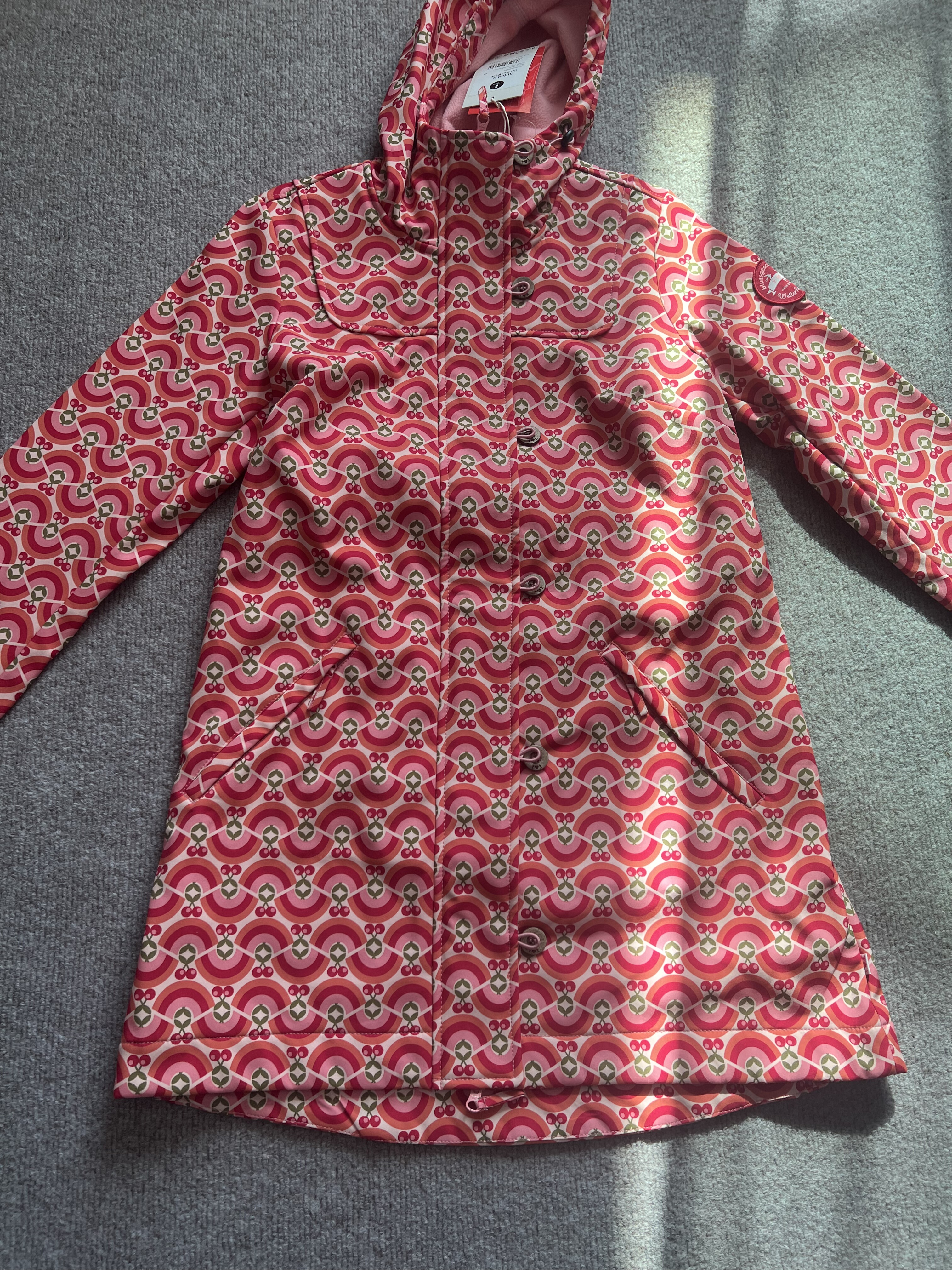 童趣德单b 女生秋冬款 粉橙樱桃图案 中长款保暖防风 风衣冲锋衣