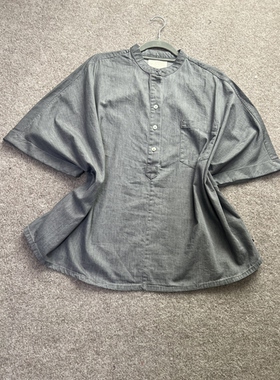 德单ZH 灰色连肩袖宽大版型圆领纯棉慵懒风休闲衬衫