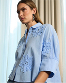 159欧 蓝色 26夏季 欧单ma 新款 白色 宽松落肩精美刺绣植绒衬衫