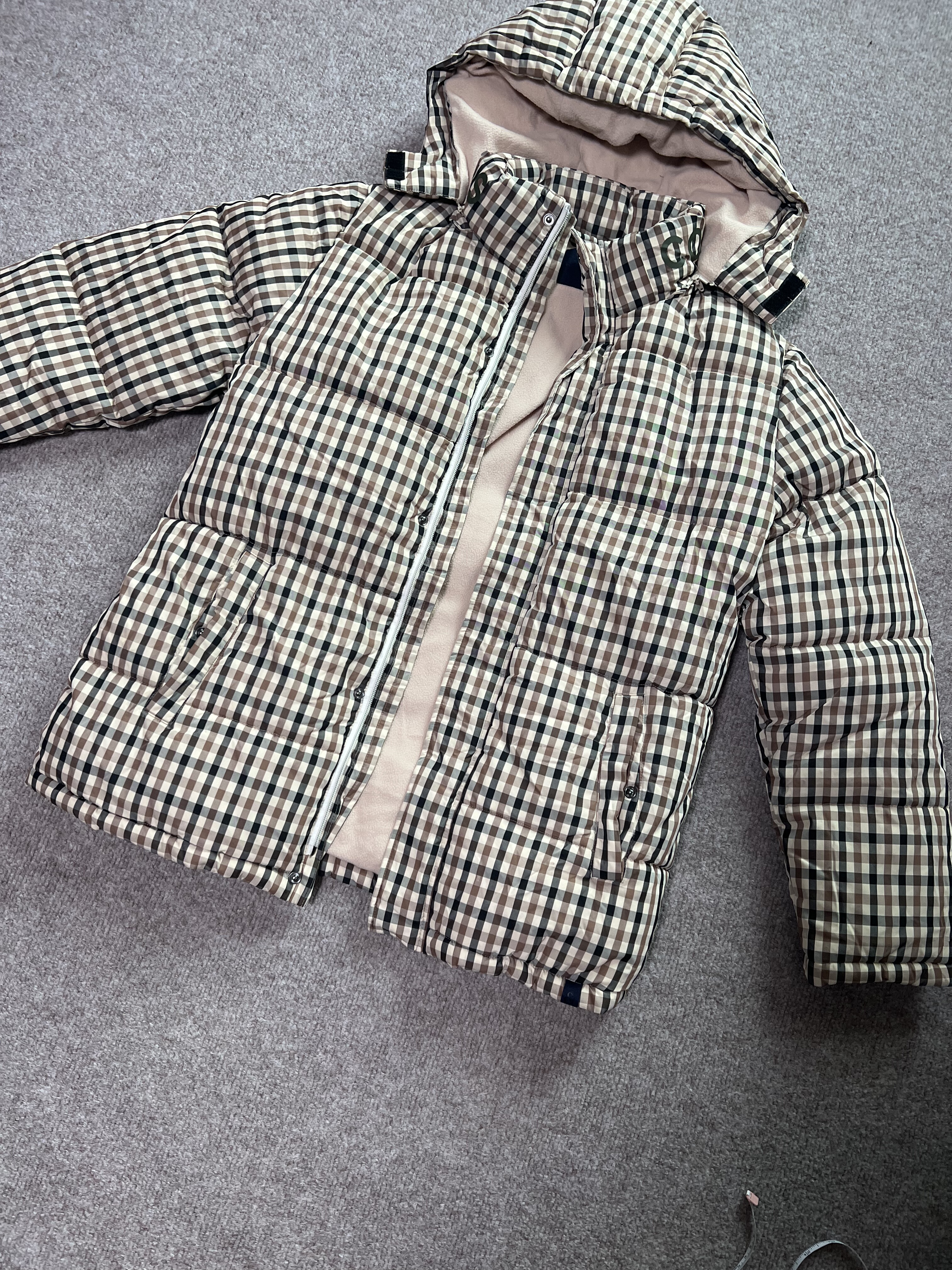 欧单C 男女生同款 卡其细格纹 厚款连帽保暖 英伦风休闲棉服