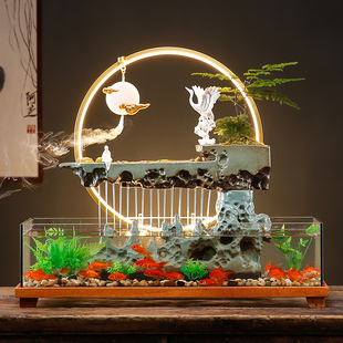 创意流水景观玻璃鱼缸循环水家居客厅办公室桌面装 饰摆件开业礼物