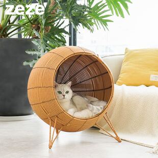 zeze藤编猫窝半封闭式 上宅 猫咪夏季 宠物窝圆球形四季 藤条猫别墅