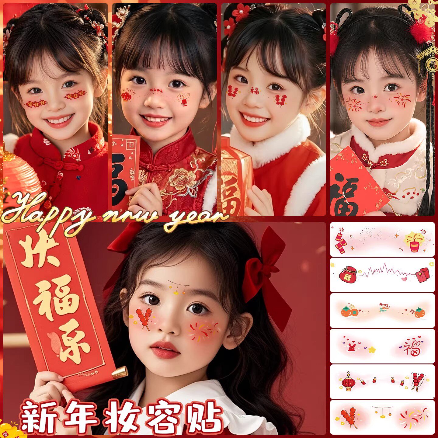 新年妆容贴脸贴儿童脸部彩绘烟花糖葫芦少女元旦新春聚会腮红化妆贴纸