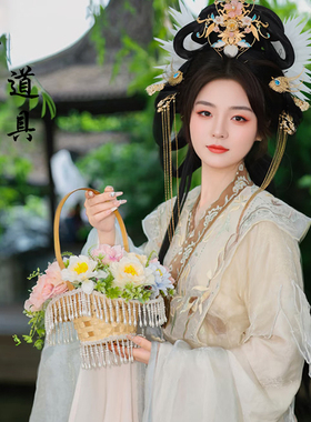 汉服摄影拍照花篮道具古风舞蹈表演七仙女拍摄魏晋风竹编珍珠花篮