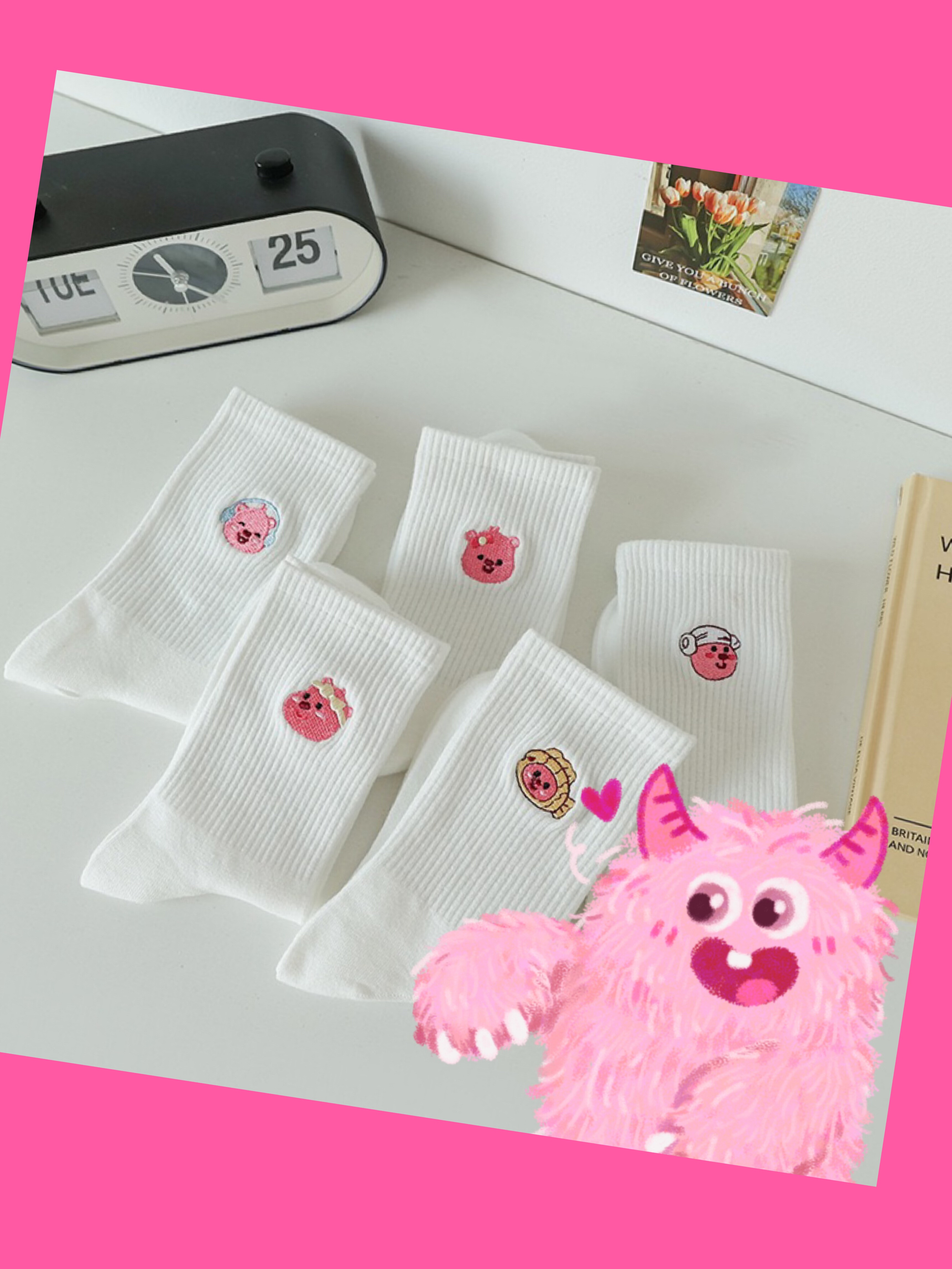 表情包粉色露比系列白袜纯棉中筒防滑卡通中筒袜子女可爱个性长袜