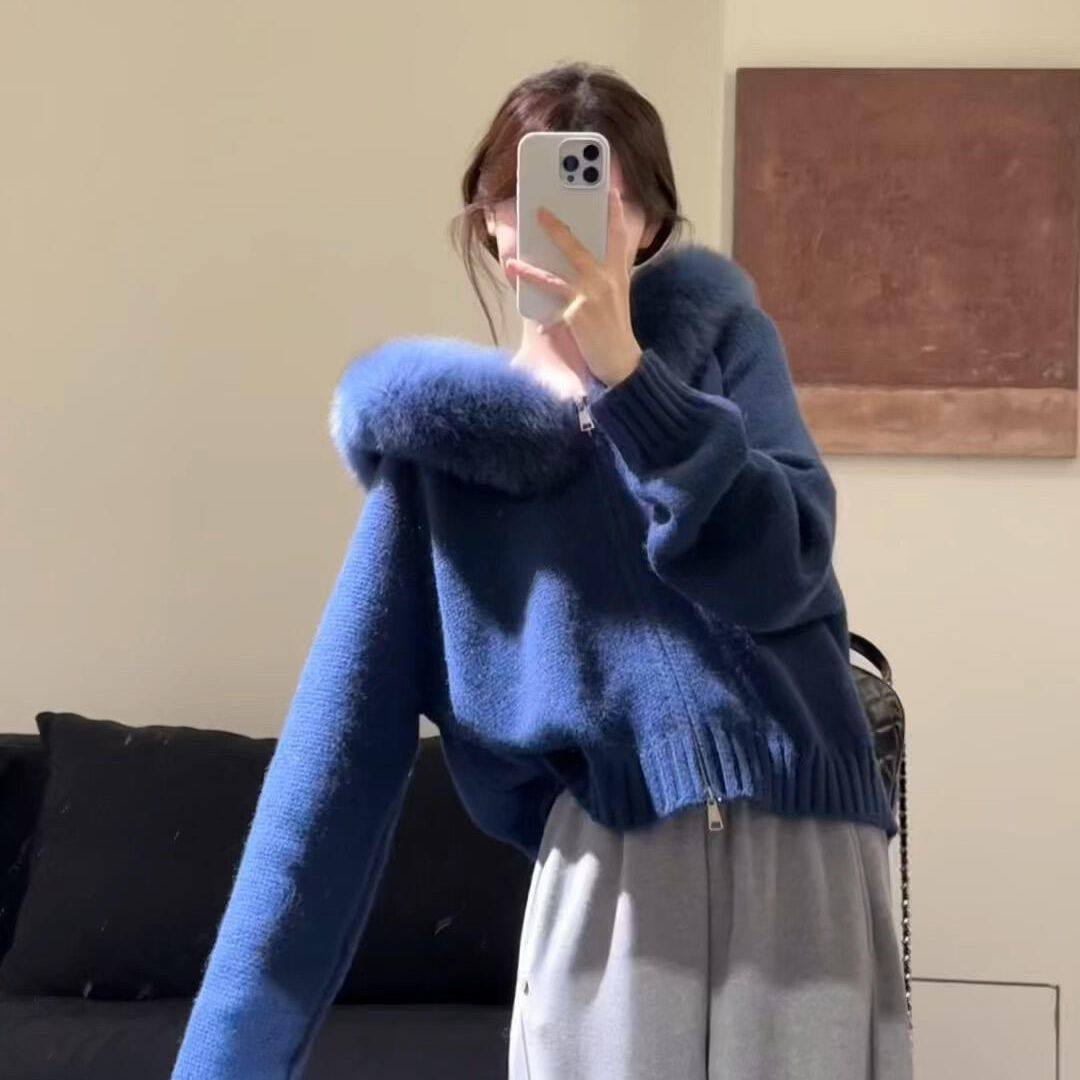 韩系高级感毛领连帽蓝色毛衣开衫外套女秋冬慵懒风宽松上衣针织衫,女装/女士精品,毛衣,淘宝优惠券,粉丝福利购,淘宝优惠卷