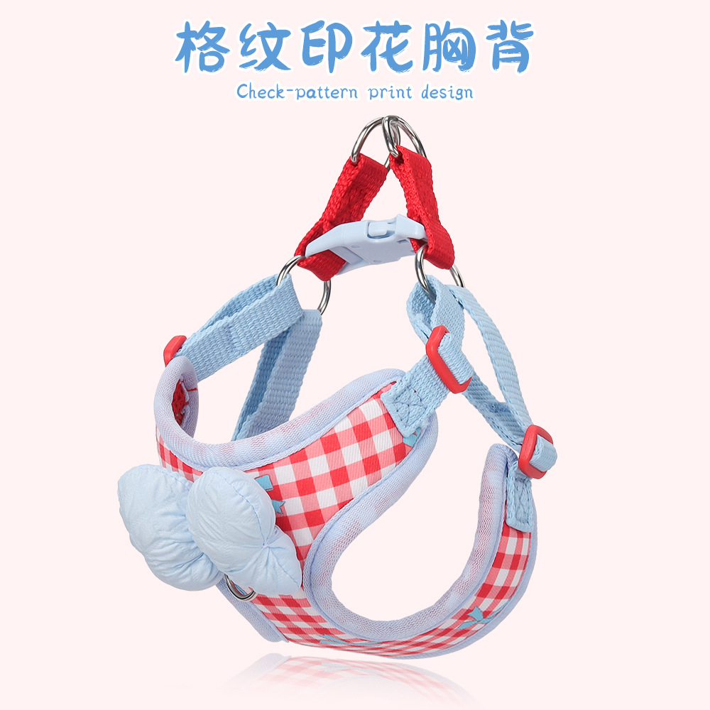 新款宠物牵引绳蝴蝶结狗狗胸背格子韩系小狗胸背带专用狗绳防爆冲