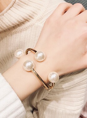 欧美网红珍珠手镯时尚百搭手环双层珍珠手链女不对称半开口手饰